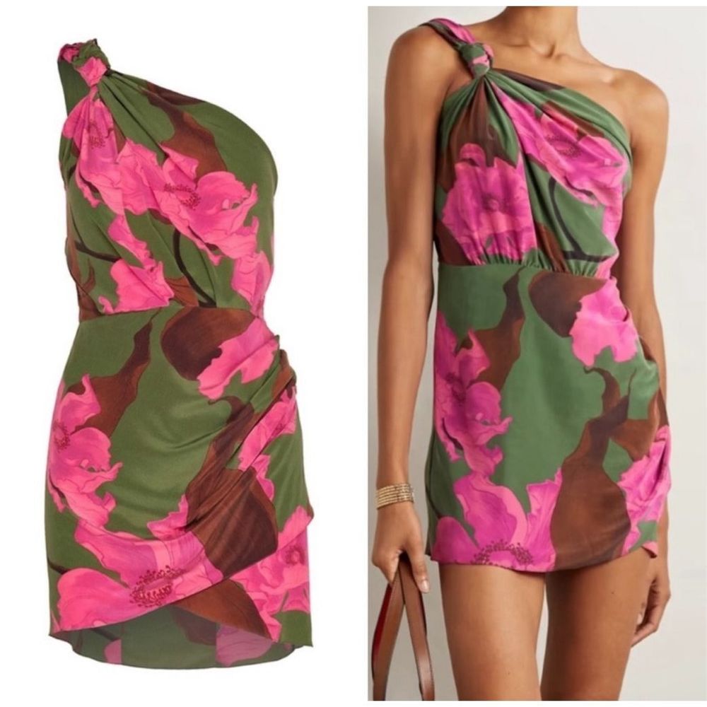 Johanna Ortiz One-Shoulder Mini Dress in Pink and Olive Floral Print